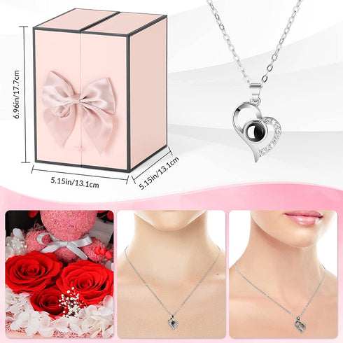 Rose with Moss Bear Figurine with LED Light & 925 Sterling Silver Heart Shaped Necklace